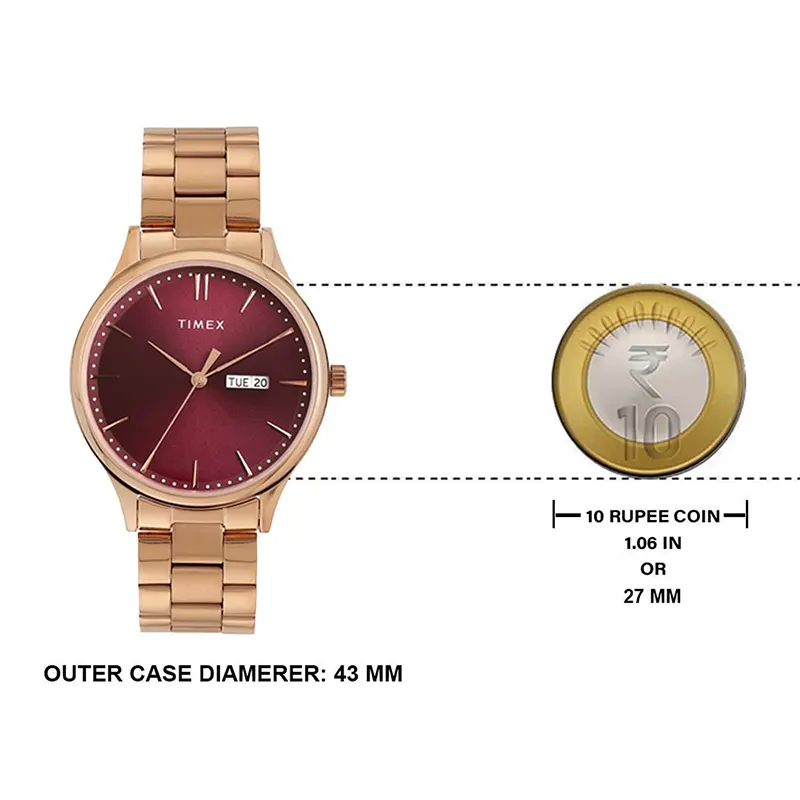 Timex Burgundy Dial Rose Gold-tone Couple Watch- TW00ZP005 watch side profile and crown