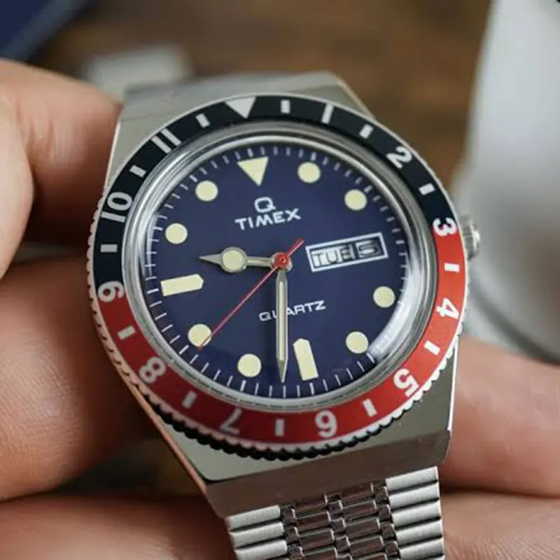 Timex Q Reissue Blue Dial Pepsi Men's Watch- TW2T80700 TW2T80700U9 watch side profile and crown