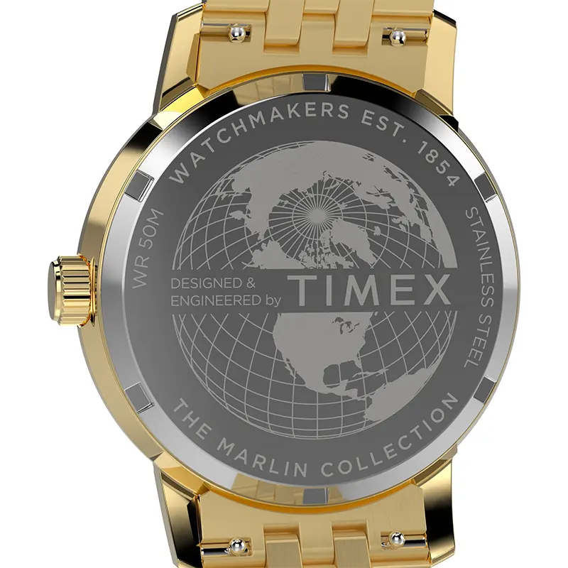 Timex Marlin Quartz GMT Black Dial Gold-Tone Men's Watch- TW2Y47700 TW2Y47700UJ watch side profile and crown