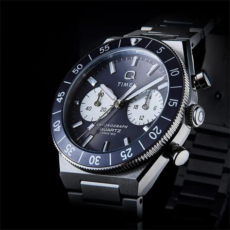 Timex Q Continental Chronograph Blue Dial Watch- TW2Y55900 watch side profile and crown