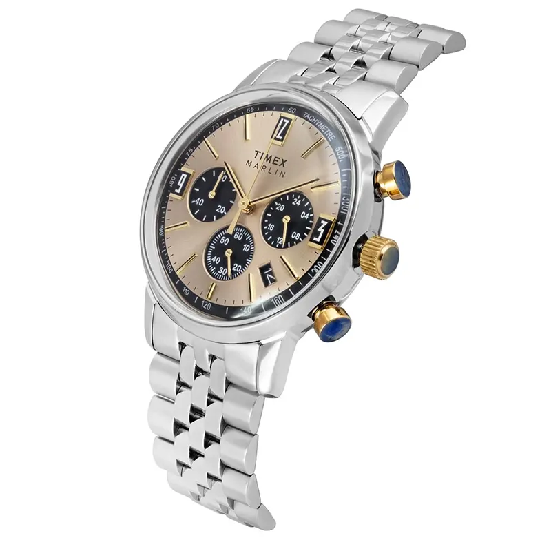 Timex Marlin Chronograph Gold-tone Accents Dial Watch- TWEG26713 watch side profile and crown