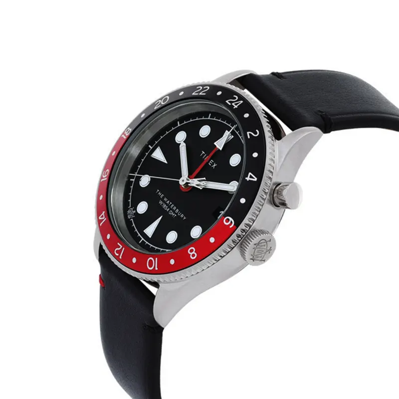 Timex Waterbury Traditional GMT Pepsi Men's Watch- TW2W22800VQ watch side profile and crown