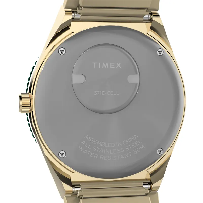 Timex Q 36mm Gold-Tone Green Malachite Dial Watch- TW2V92200 watch side profile and crown