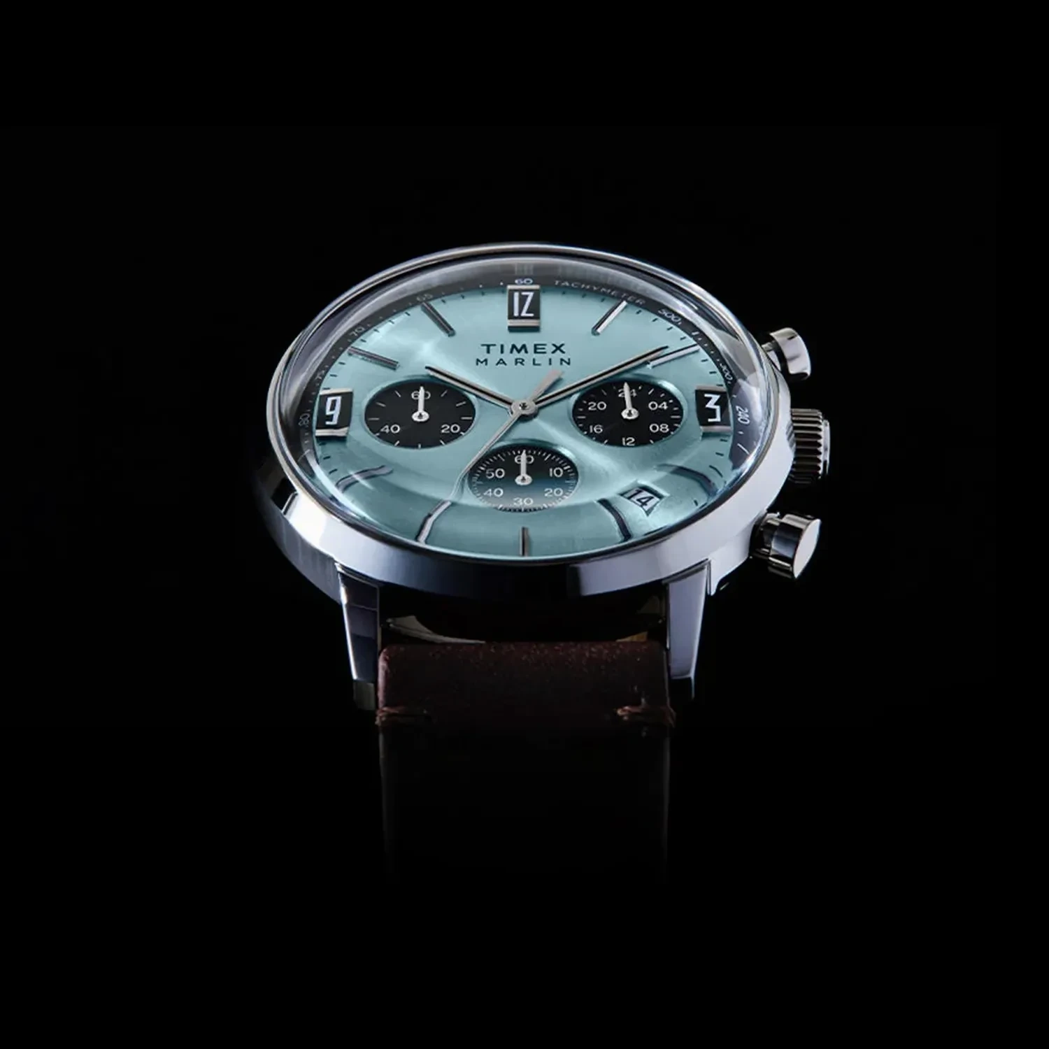 Timex Marlin Chronograph Tachymeter Ice Blue Dial Men's Watch- TW2Y66600 watch side profile and crown