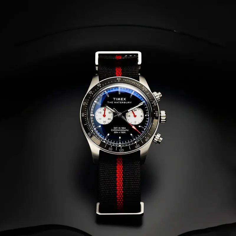 Timex Waterbury Heritage Chronograph Black Dial Men's Watch- TW2Y38900 watch dial and case detail