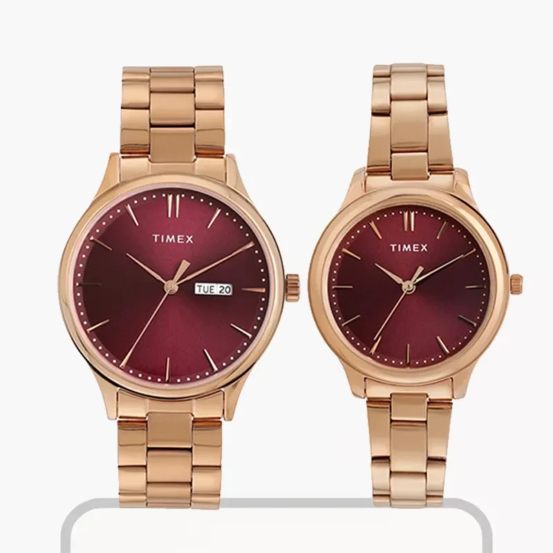 Timex Burgundy Dial Rose Gold-tone Couple Watch- TW00ZP005 - 100% Original Timex Watch in Bangladesh - Watch 24 BD