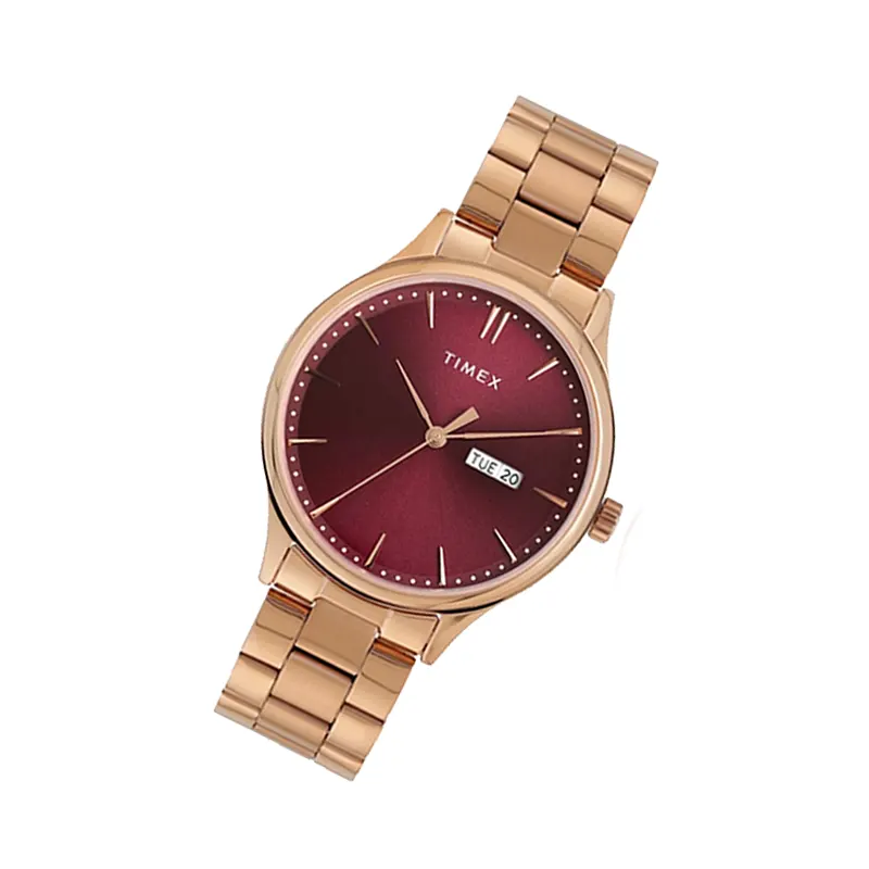 Timex Burgundy Dial Rose Gold-tone Couple Watch- TW00ZP005 Dial & Angle View - Watch 24 BD
