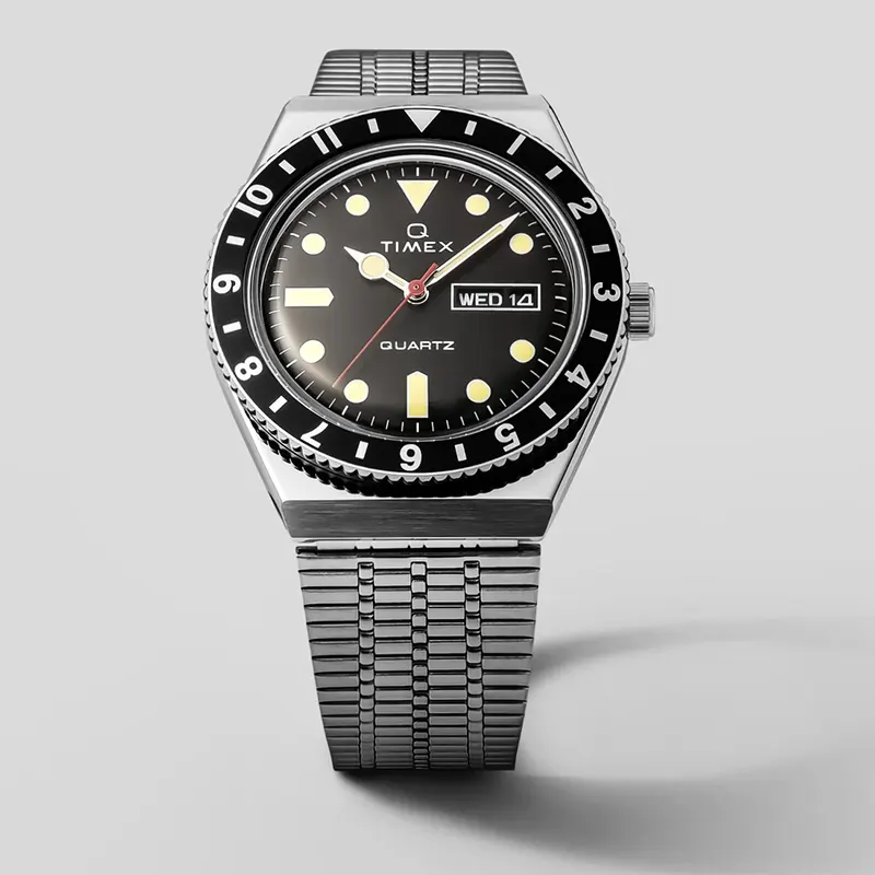 Timex Q Reissu Black Dial Men's Watch-  TW2U61800 watch dial and case detail