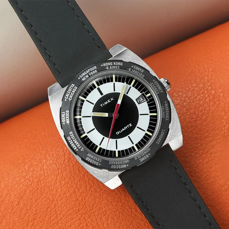Timex World Time 1972 Reissue Black Dial Men's Watch- TW2V69500 watch dial and case detail