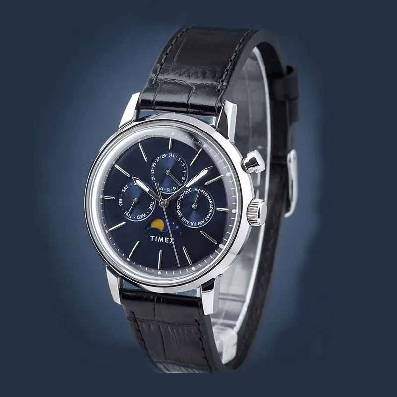 Timex Marlin® Chronograph Moon Phase Blue Men's Watch- TW2W51200 TW2W51200UJ watch dial and case detail