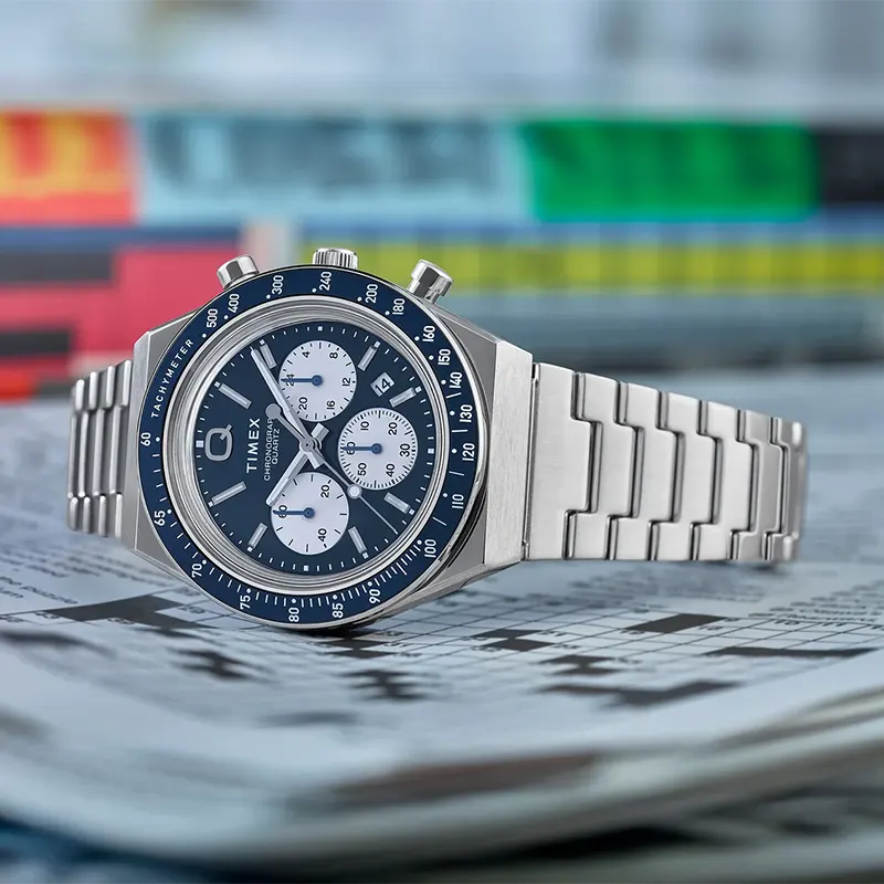 Timex Q Chronograph Blue Dial Panda Racing Men's Watch- TW2W51600 TW2W51600UJ watch dial and case detail