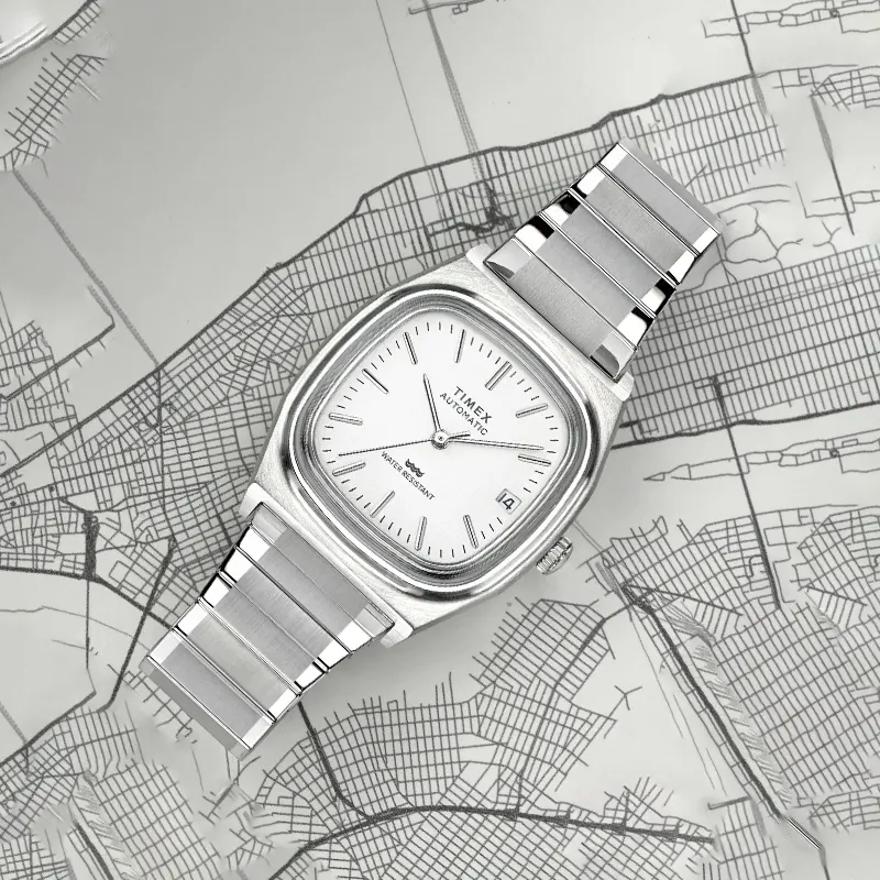 Timex 1983 E Line Reissue Automatic Watch- TW2W70800 TW2W70800UJ watch dial and case detail