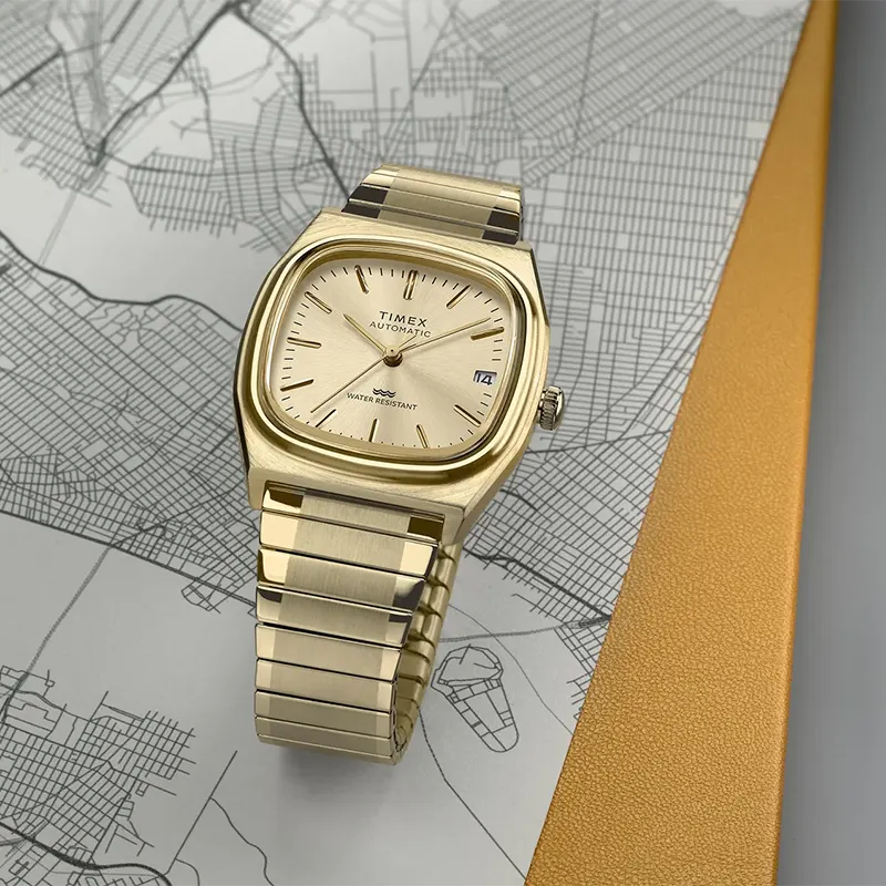 Timex Q Timex E-Line Automatic Champagne Men's Watch- TW2Y07200 TW2Y07200UJ watch dial and case detail