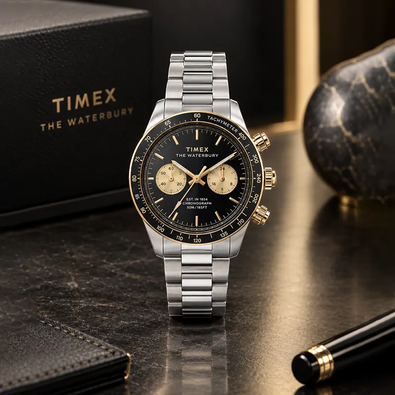 Timex Waterbury Heritage Black Dial Men's Watch- TW2Y24000 watch dial and case detail