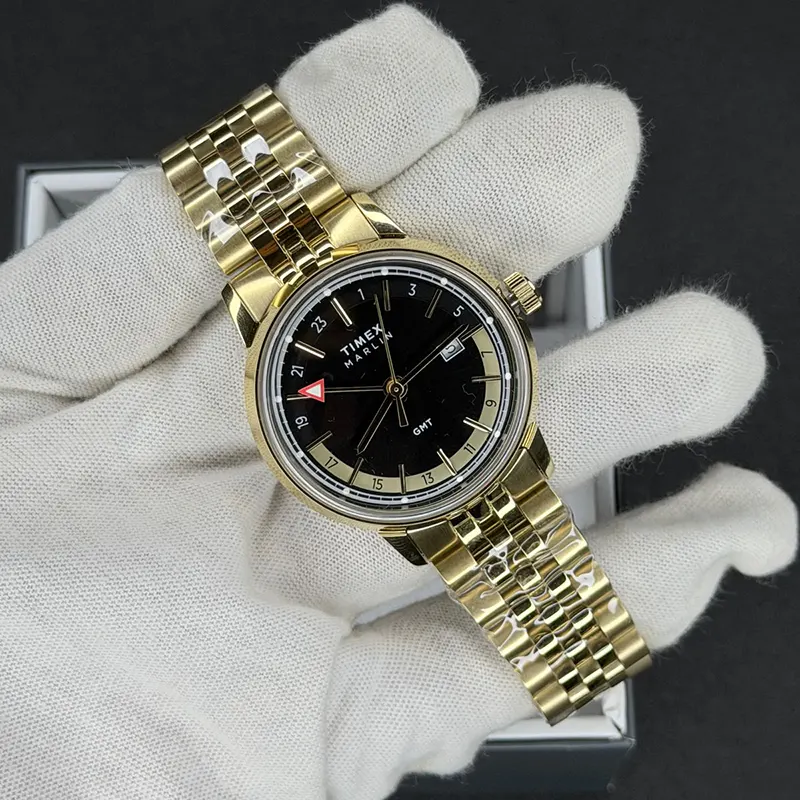 Timex Marlin Quartz GMT Black Dial Gold-Tone Men's Watch- TW2Y47700 TW2Y47700UJ watch dial and case detail