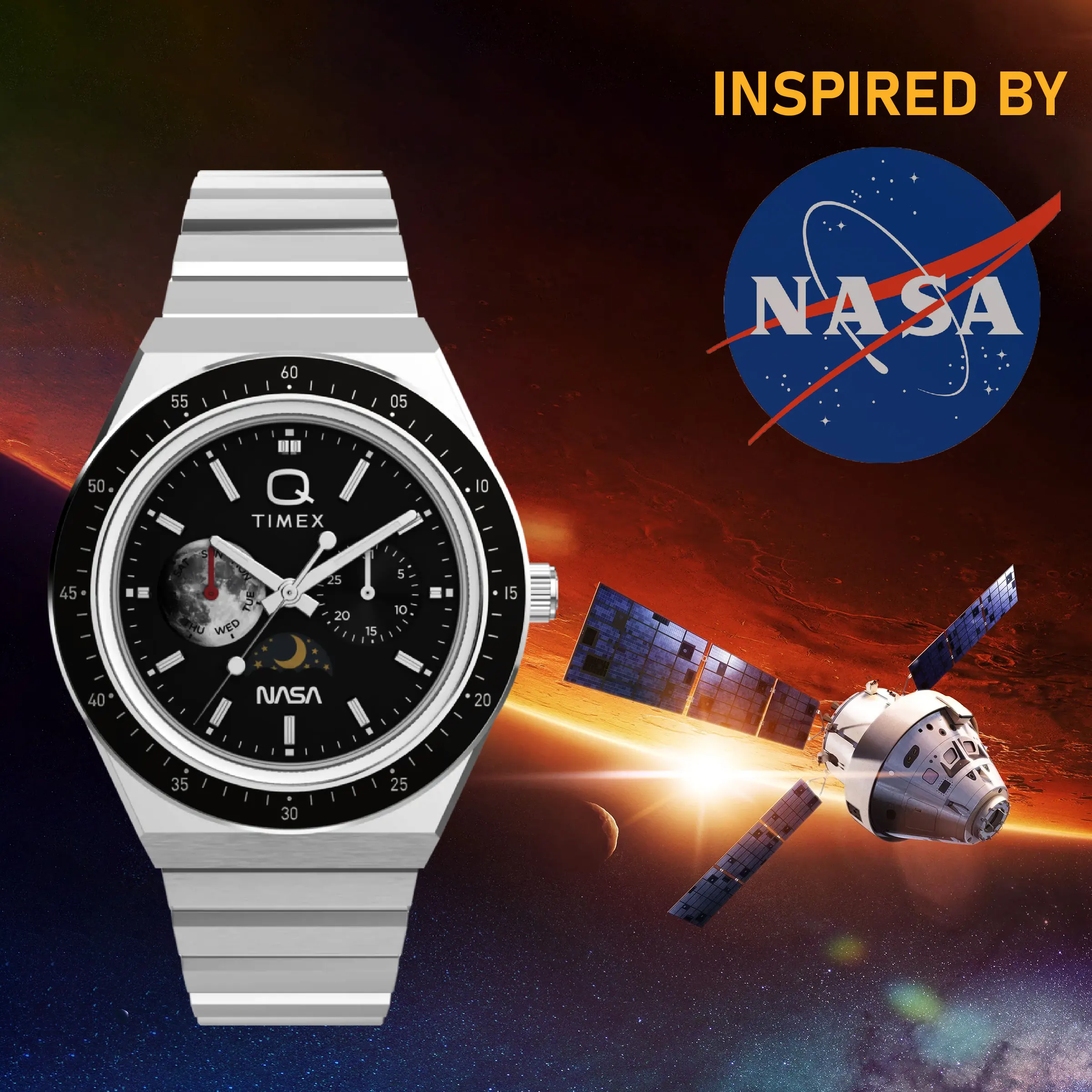Timex Q Timex NASA 40mm Multifunction Moonphase Men's Watch- TW2Y56700 TW2Y56700UJ watch dial and case detail
