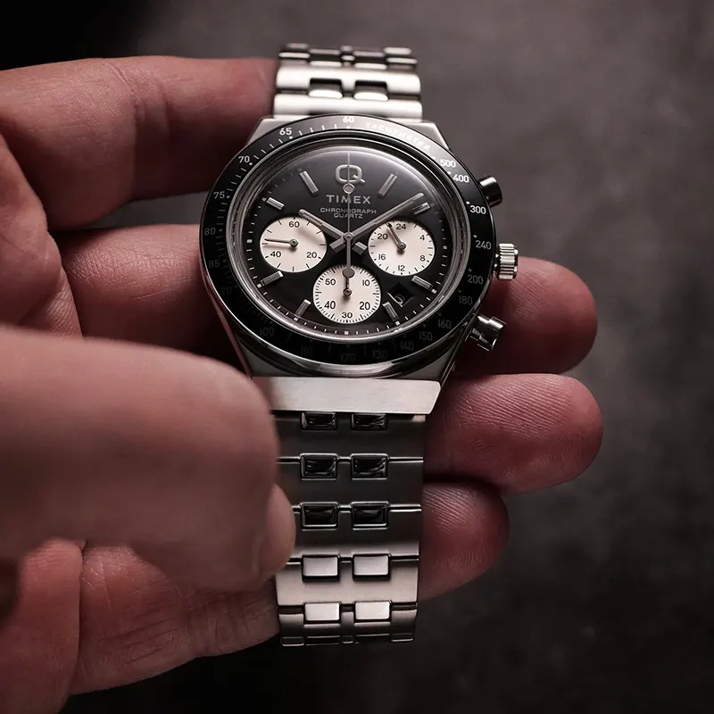 Timex Q Chronograph Black Dial Men's Watch- TWEG26402 watch dial and case detail