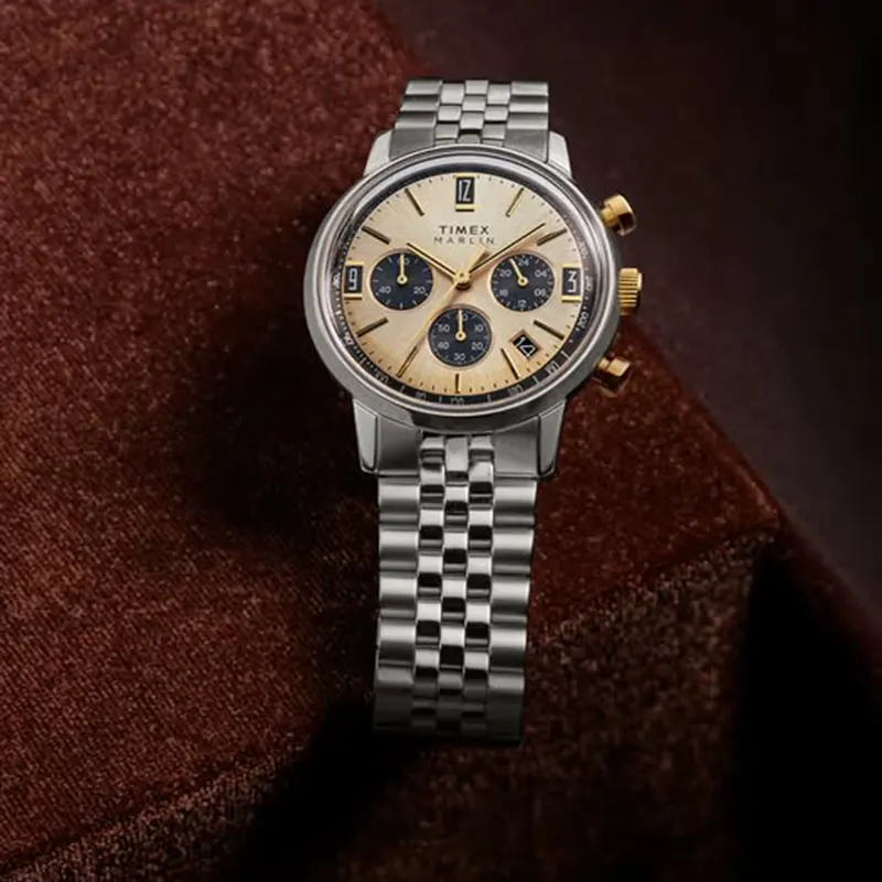 Timex Marlin Chronograph Gold-tone Accents Dial Watch- TWEG26713 watch dial and case detail