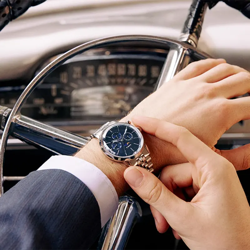 Timex Marlin® Chronograph Moon Phase Blue Dial Men's Watch- TWEG26802 watch dial and case detail