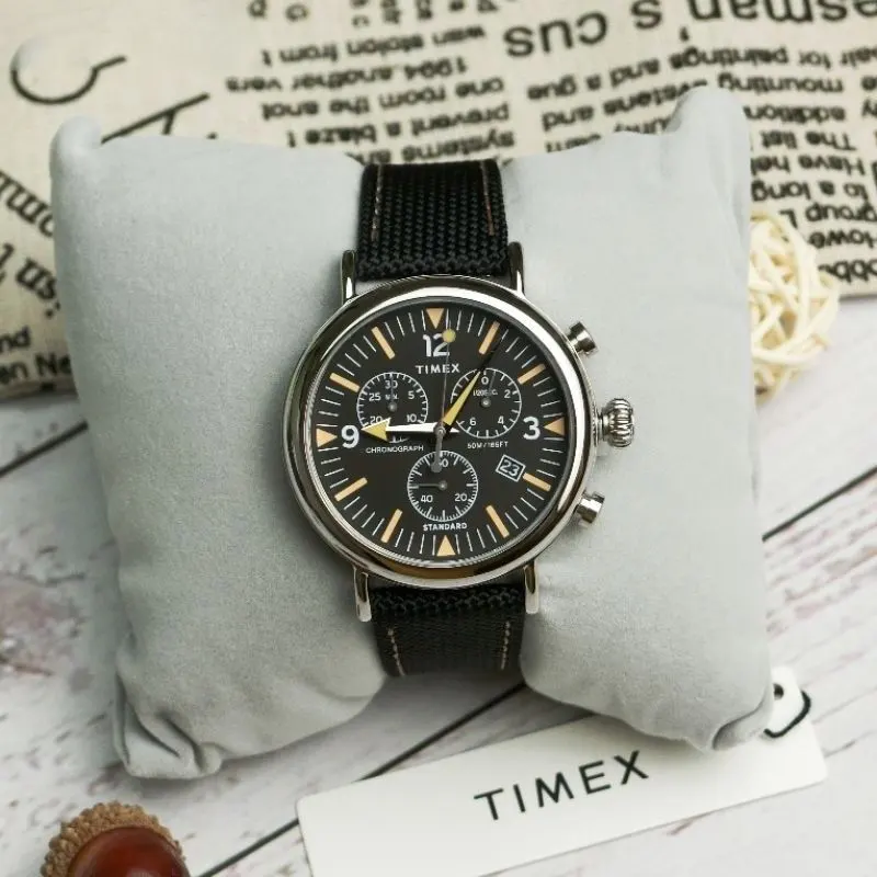 Timex Chronograph Quartz Black Dial Febric Strap Men's Watch- TW2V43700 watch dial and case detail