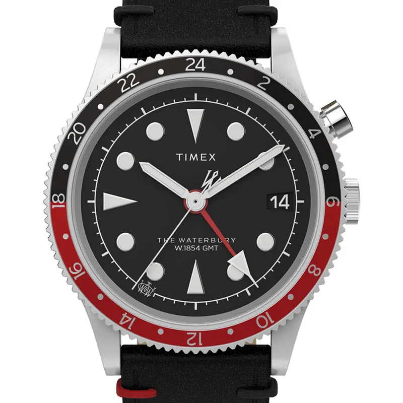 Timex Waterbury Traditional GMT Pepsi Men's Watch- TW2W22800VQ watch dial and case detail