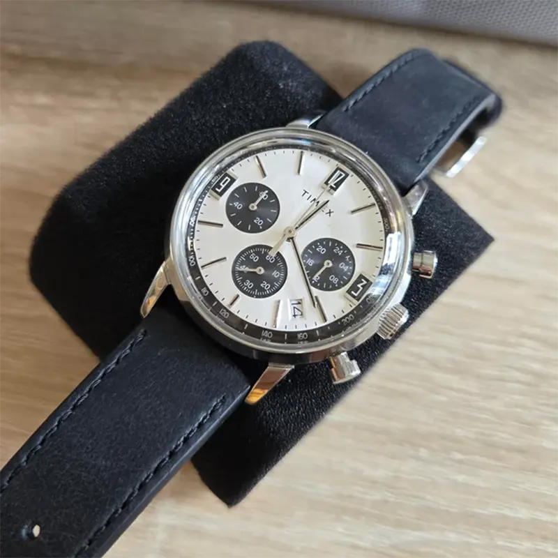 Timex Marlin® Chronograph Tachymeter Leather Men's Watch- TW2W10300 watch dial and case detail