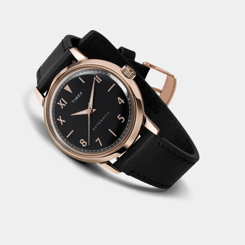 Timex Marlin Automatic Black Dial Leather Men's Watch- TW2U83300 Dial & Angle View - Watch 24 BD