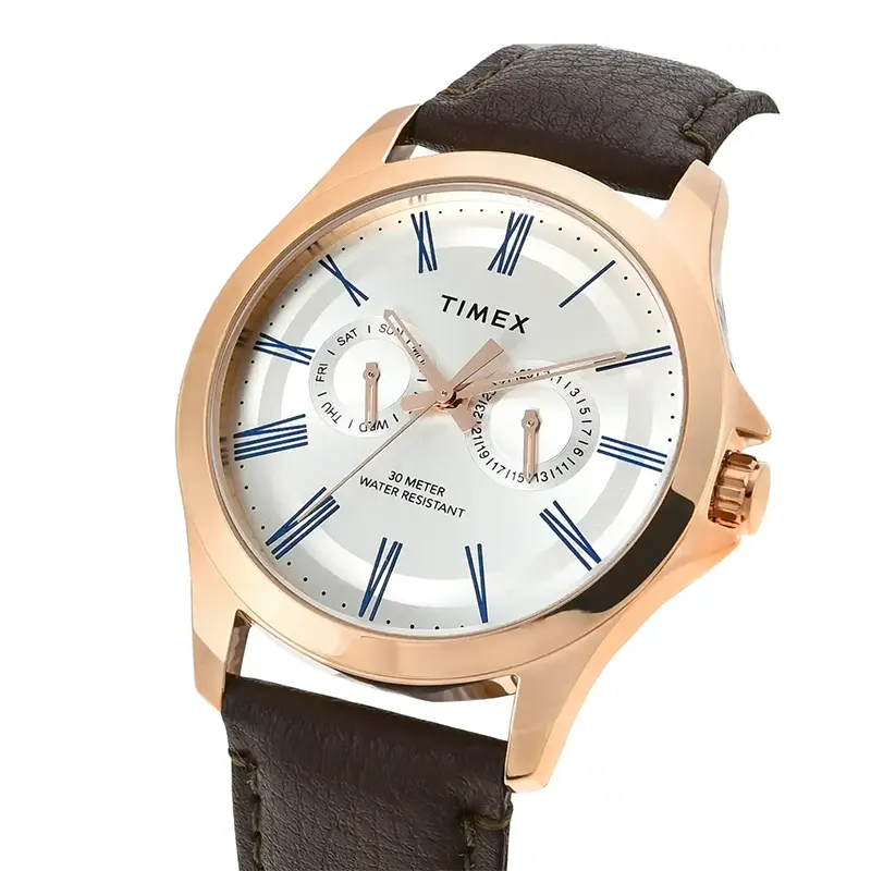 Timex Multifunction Silver Dial Polished Men's Watch- TW000X128 watch dial and case detail