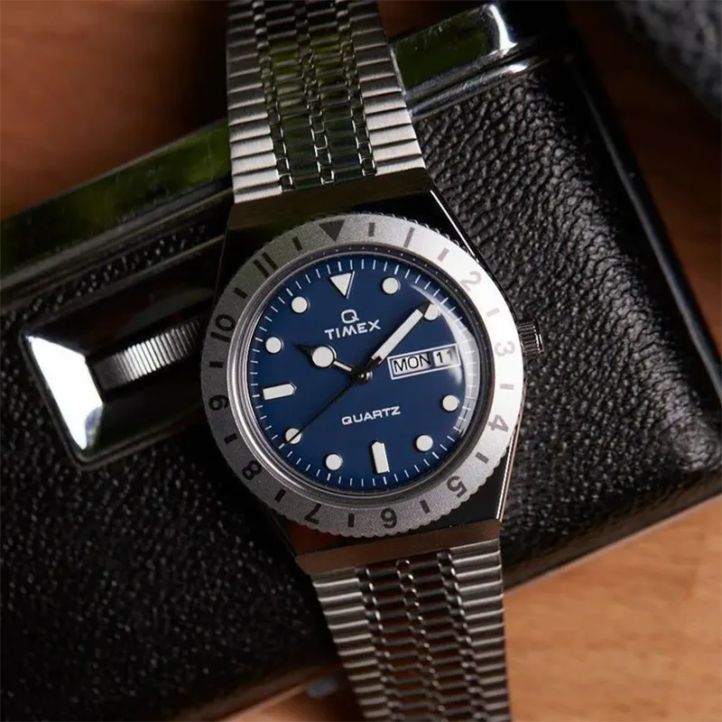 Timex Q Reissue 36mm Blue Dial Men's Watch- TW2U95500 watch dial and case detail
