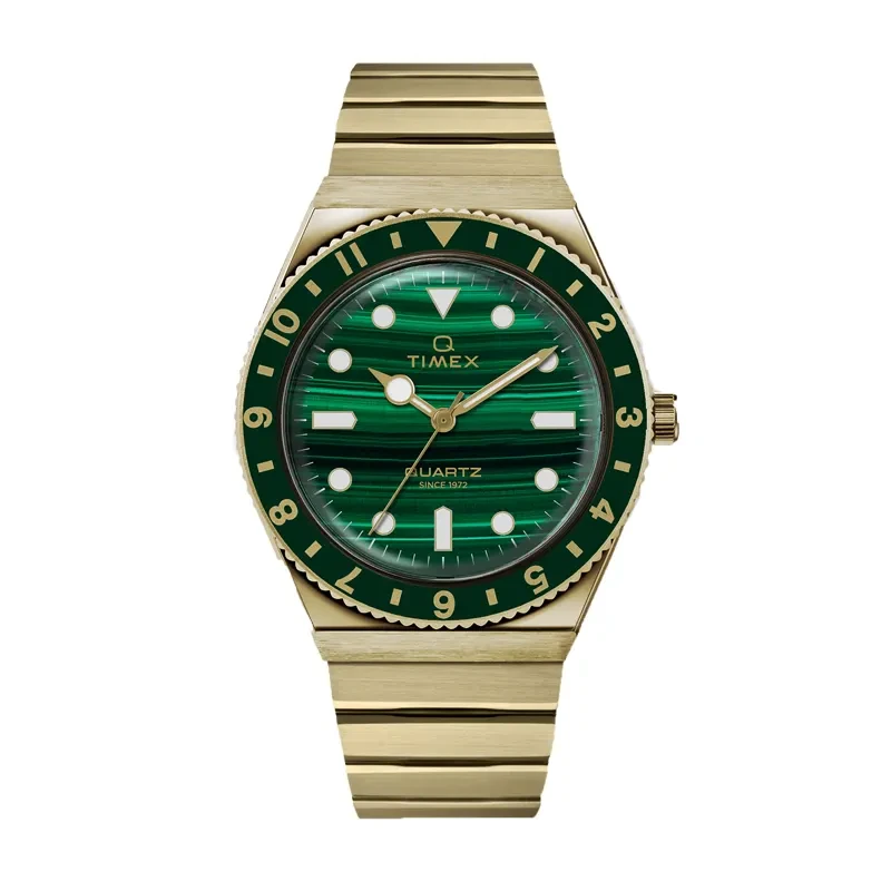 Timex Q 36mm Gold-Tone Green Malachite Dial Watch- TW2V92200 watch, front product view