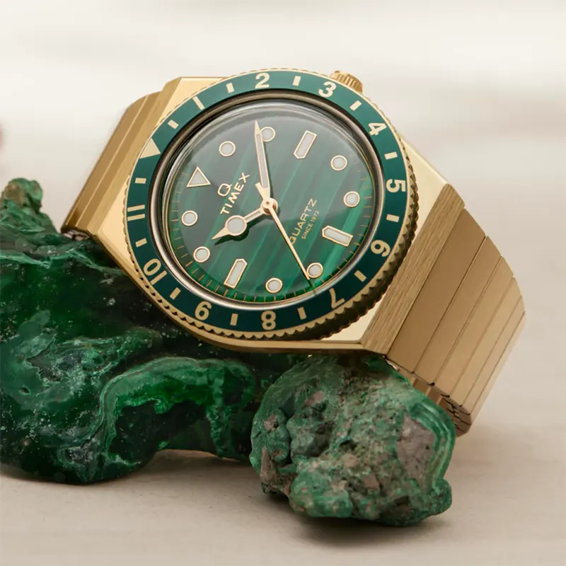 Timex Q 36mm Gold-Tone Green Malachite Dial Watch- TW2V92200 watch dial and case detail