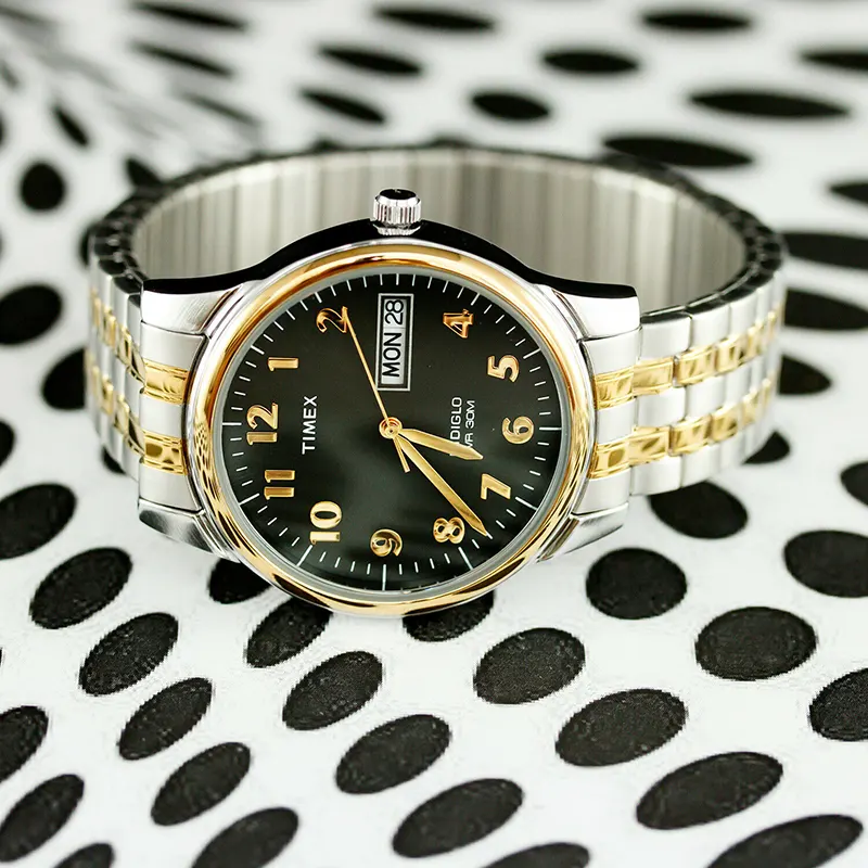 Timex Two-tone Black Dial Unisex Watch- T26481 watch dial and case detail
