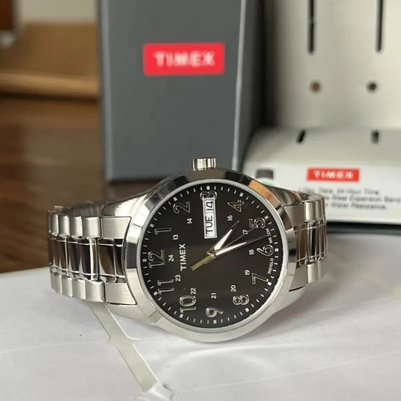 Timex Silver-tone Black Dial Unisex Watch- T2M932 watch dial and case detail