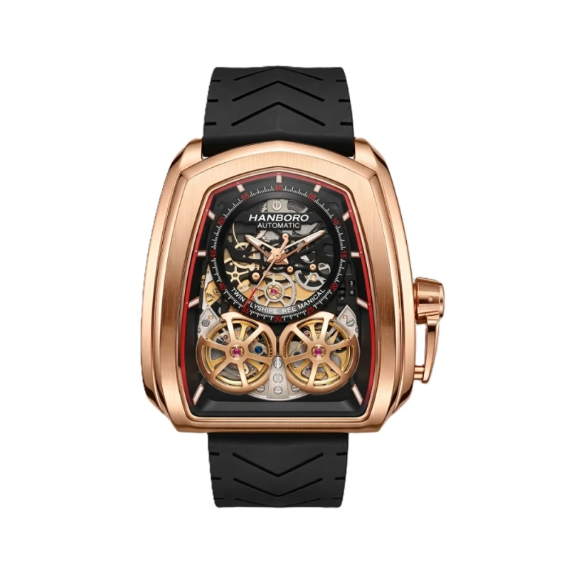 HANBORO Twin Flywheel Skeleton Automatic Rose Gold Black Silicone Men's Watch- HAO-1005 | Watch Shop BD