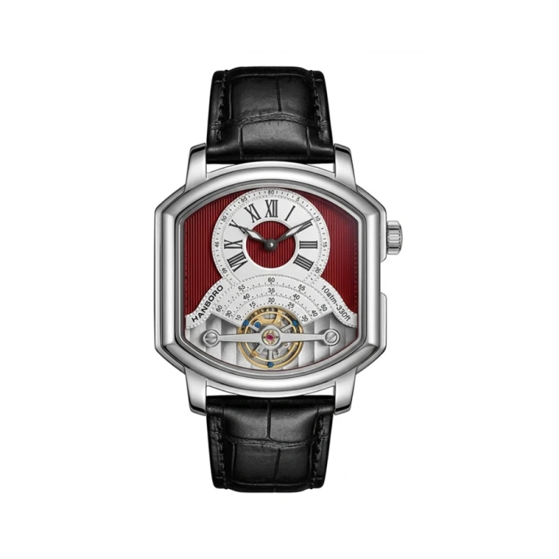 HANBORO Off-Center Flywheel Automatic Wine Red Black Leather Men's Watch- HAO-010 | Watch Shop BD