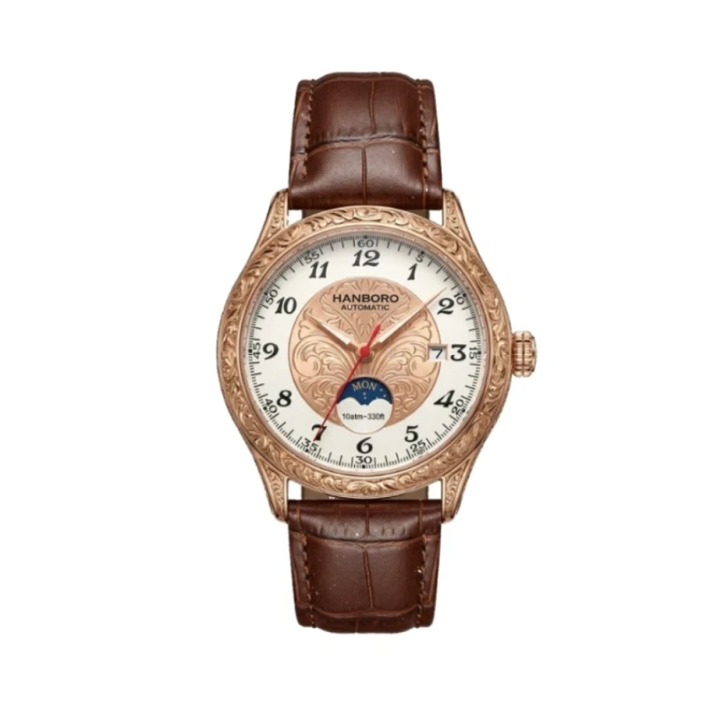 HANBORO Engraved Bezel Automatic Rose Gold Brown Leather Men's Watch- HAO-5001 | Watch Shop BD
