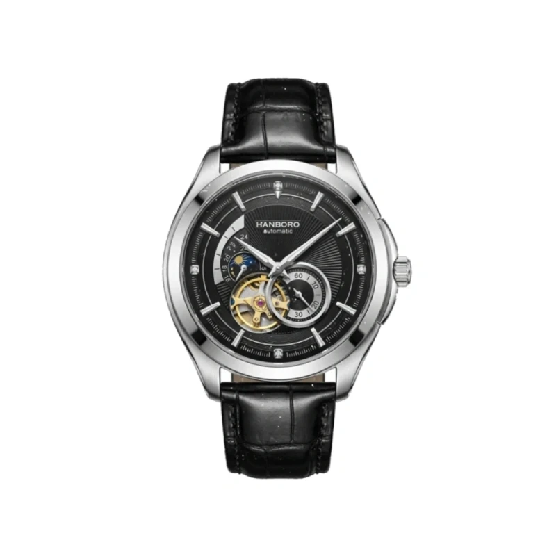 HANBORO Open Heart Multi-Dial Automatic Black Leather Men's Watch- HBR-88059-5 | Watch Shop BD