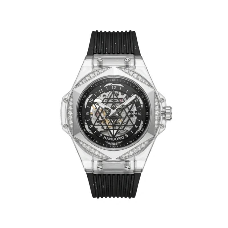 HANBORO Geometric Crystal Skeleton Automatic Black Silicone Men's Watch- HBR-996 | Watch Shop BD