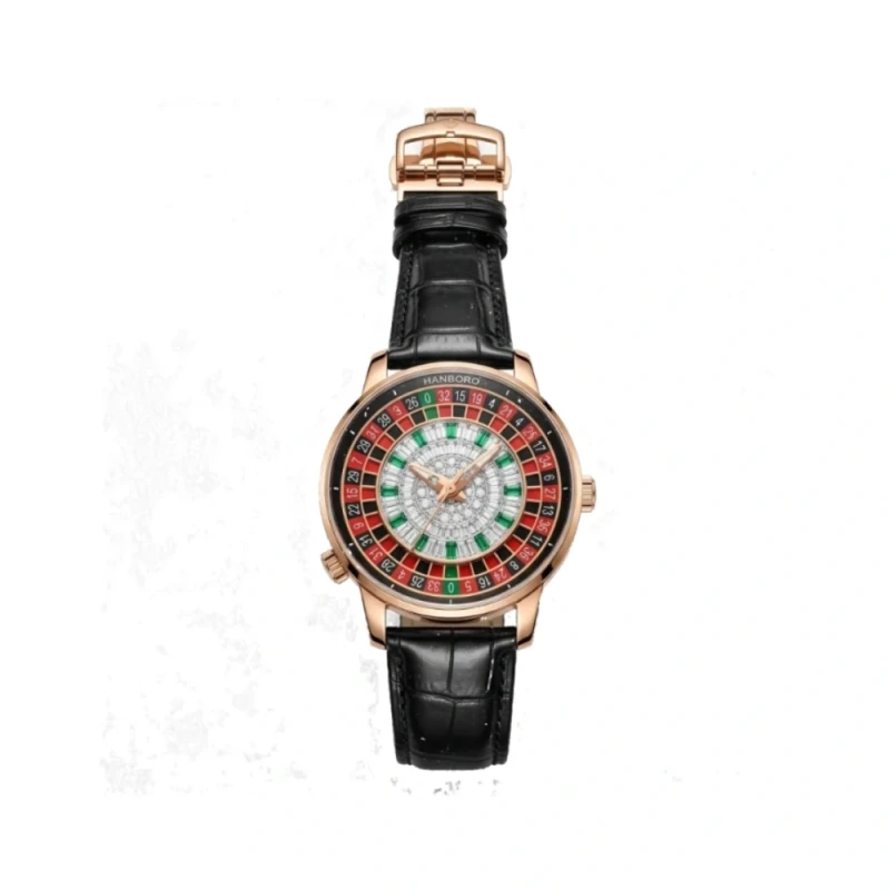 HANBORO Casino Roulette Automatic Rose Gold Black Leather Men's Watch- HAO-1015 | Watch Shop BD