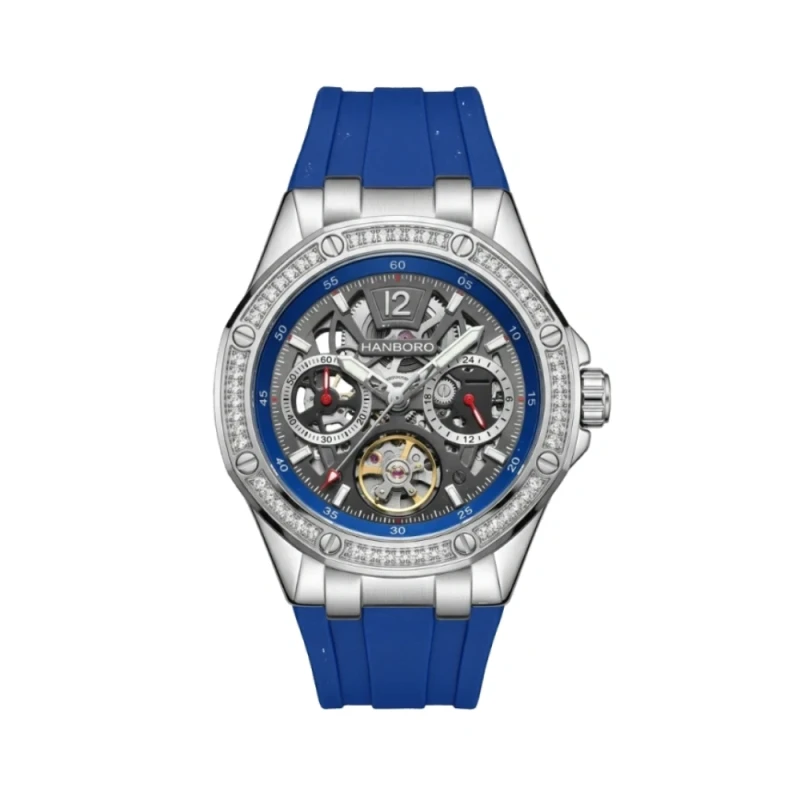 HANBORO Crystal Bezel Skeleton Automatic Blue Silicone Men's Watch- HBR-920-2 | Watch Shop BD