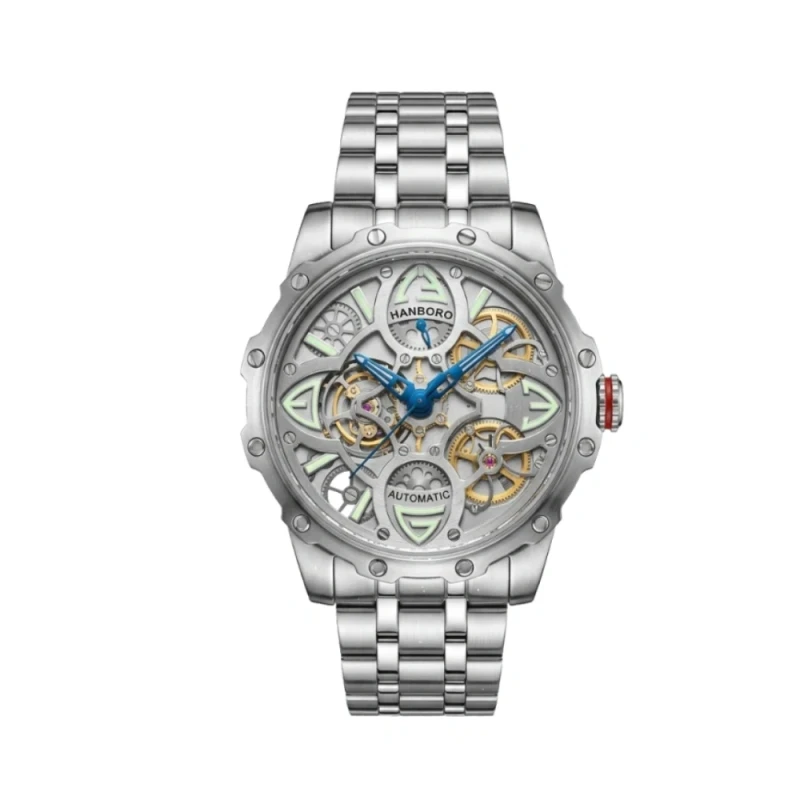 HANBORO Industrial Skeleton Automatic Silver Steel Chain Men's Watch- HBR-8858-2 | Watch Shop BD