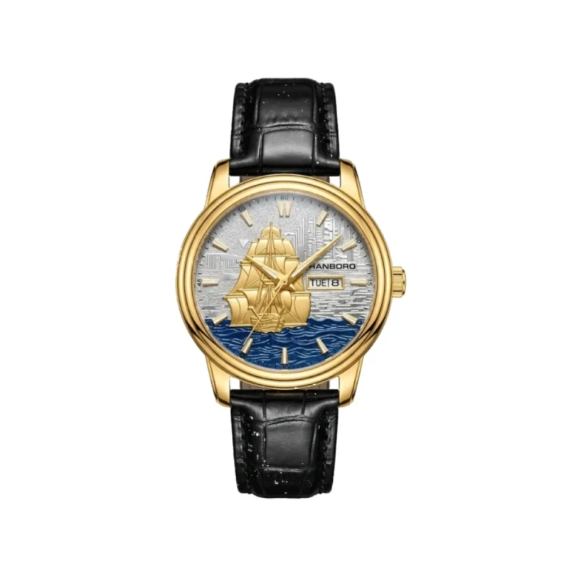 HANBORO Golden Ship Maritime Automatic Gold Black Leather Men's Watch- HAO-8038-1 | Watch Shop BD
