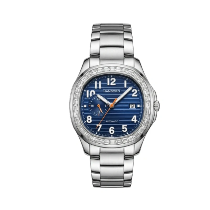 HANBORO Cushion Crystal Automatic Blue Steel Chain Men's Watch- HBR-753 | Watch Shop BD