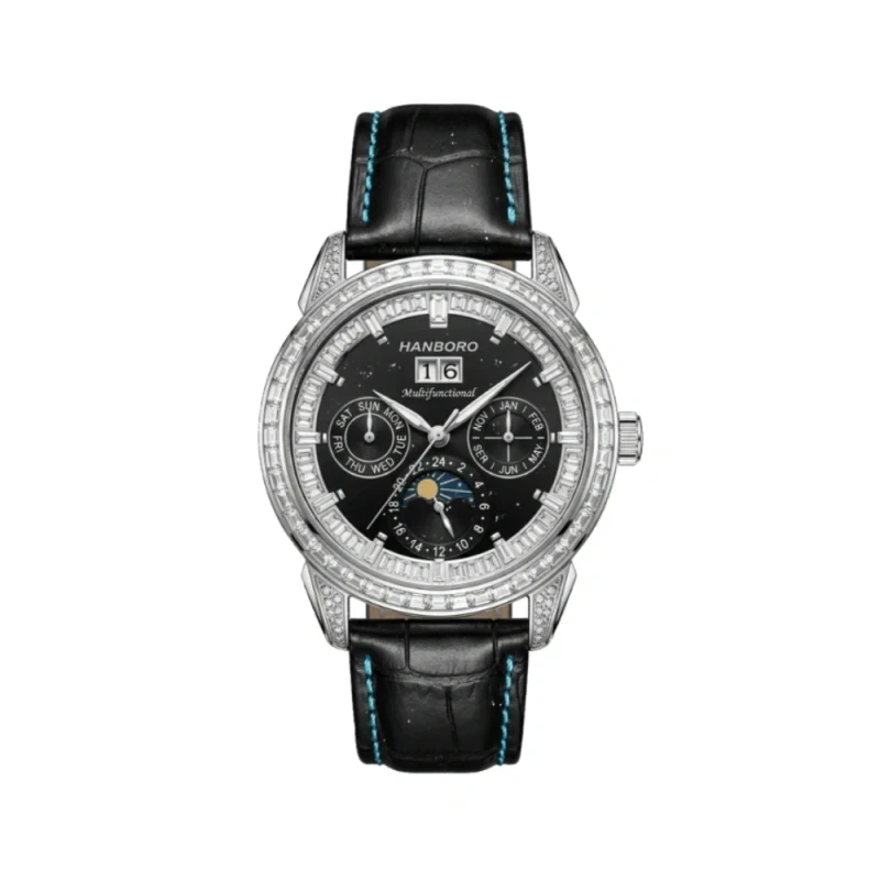 HANBORO Multi-Function Calendar Automatic Black Leather Men's Watch- HBR-8042 | Watch Shop BD