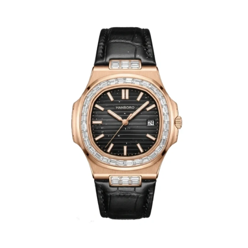 HANBORO Octagonal Crystal Automatic Black Rose Gold Men's Watch- HBR-8021-3 | Watch Shop BD