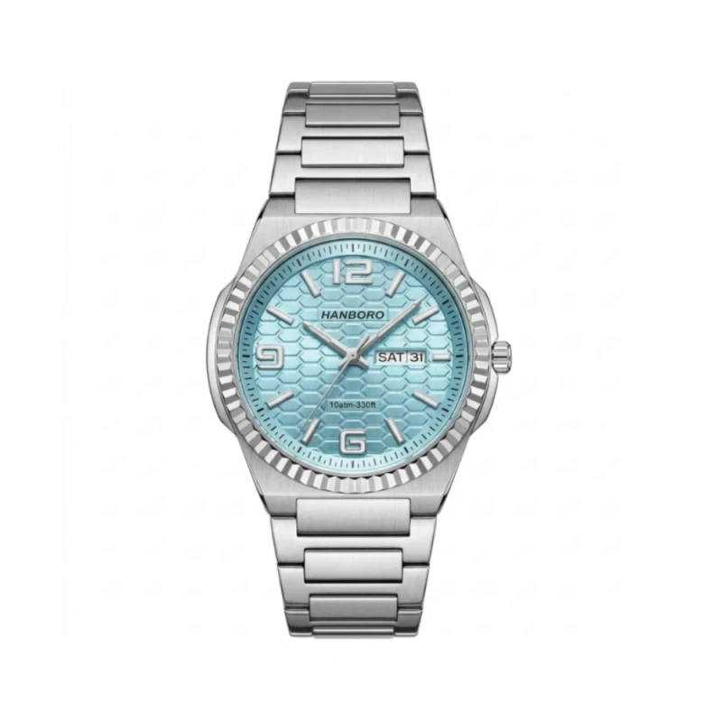 HANBORO Fluted Bezel Honeycomb Day-Date Ice Blue Silver Men's Watch- HAO-014-3 | Watch Shop BD