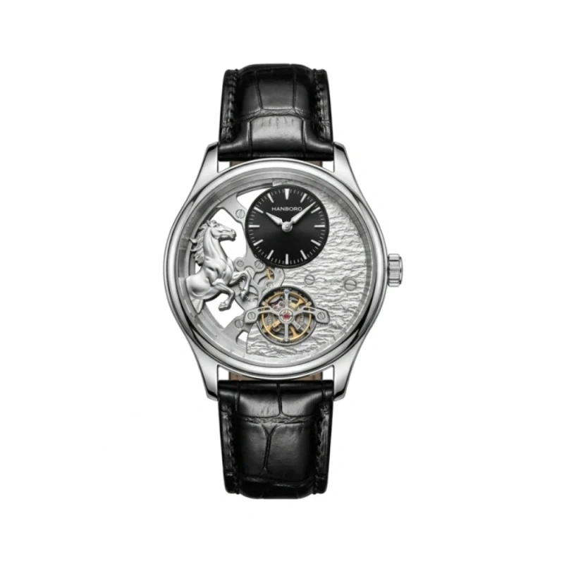 HANBORO Galloping Stallion Tourbillon Skeleton Automatic Silver Men's Watch- HAO-5002 | Watch Shop BD