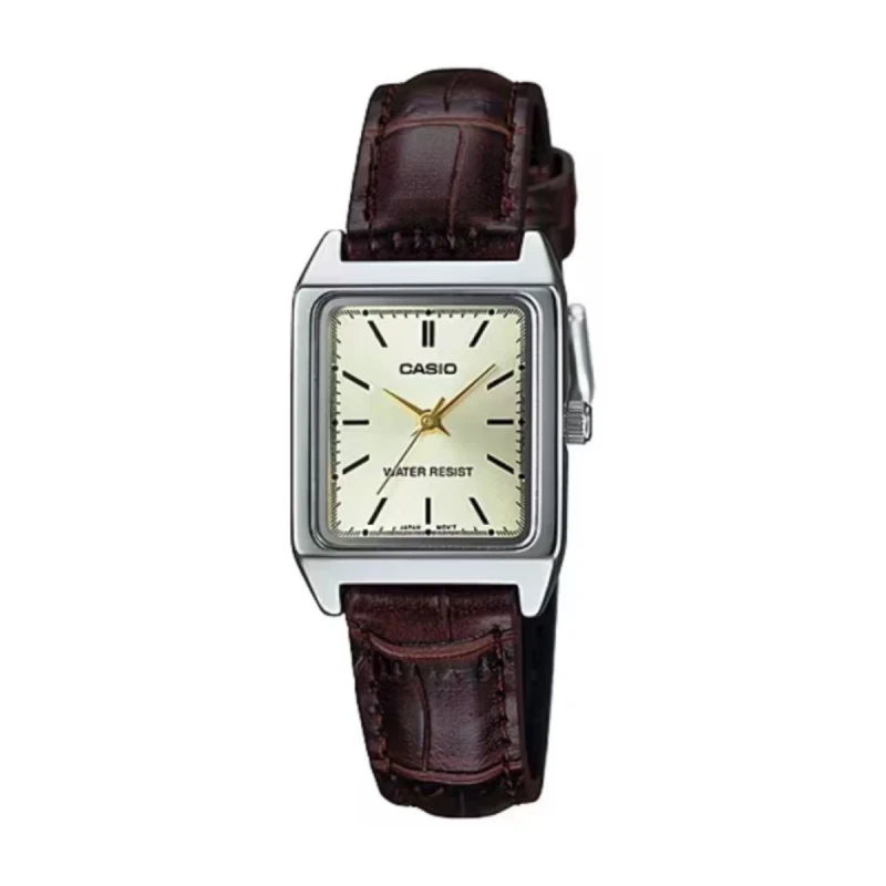 Casio Champagne Dial Brown Leather Strap ladies Watch-LTP-V007L-9EUDF