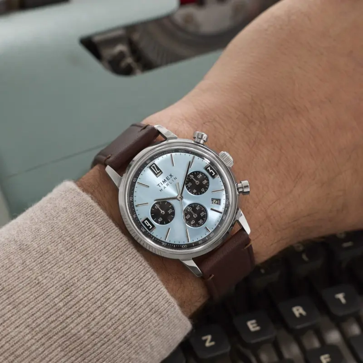 Timex Marlin Chronograph Tachymeter Ice Blue Dial Men's Watch- TW2Y66600 watch dial and case detail